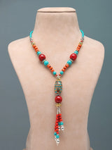 Silver Polished Brass Long Beaded Necklace with S Hook