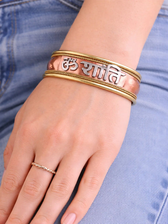 Om Shanti Copper Alloy Bracelet with Hindu Symbols