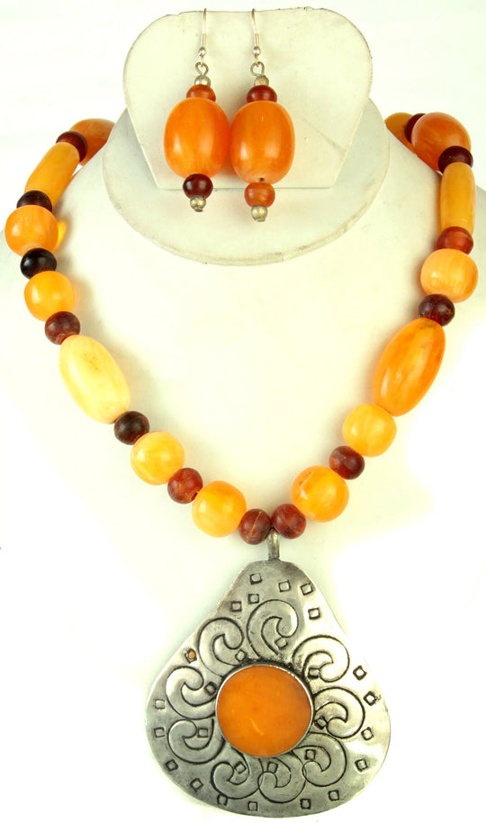 Orange Beaded Necklace and Earrings Set in White Metal