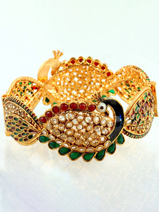 Peacock Motif Polki Glass Stone Copper Alloy Bracelet