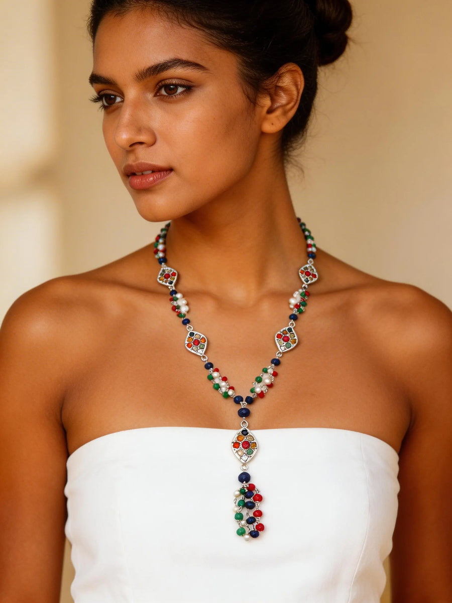 Navaratna Gemstone Beaded Sterling Silver Necklace