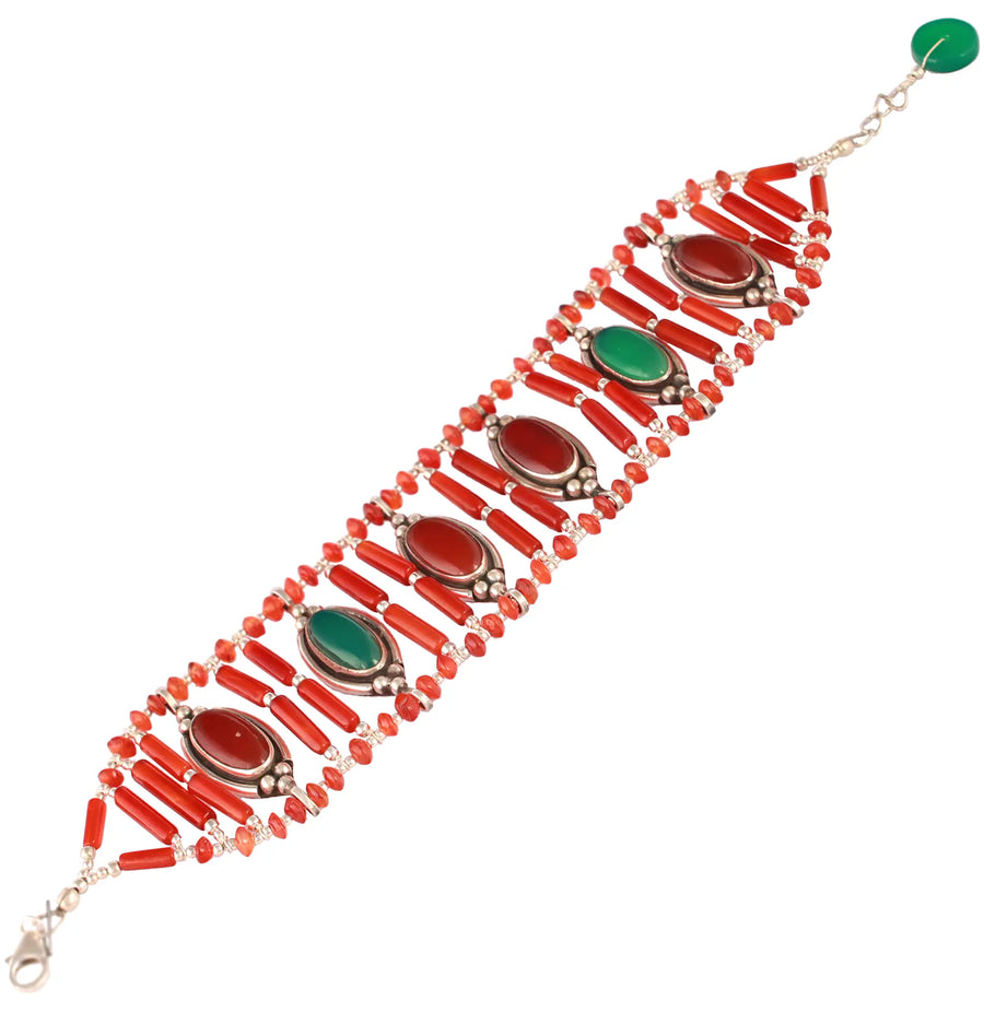Carnelian and Green Onyx Sterling Silver Bracelet