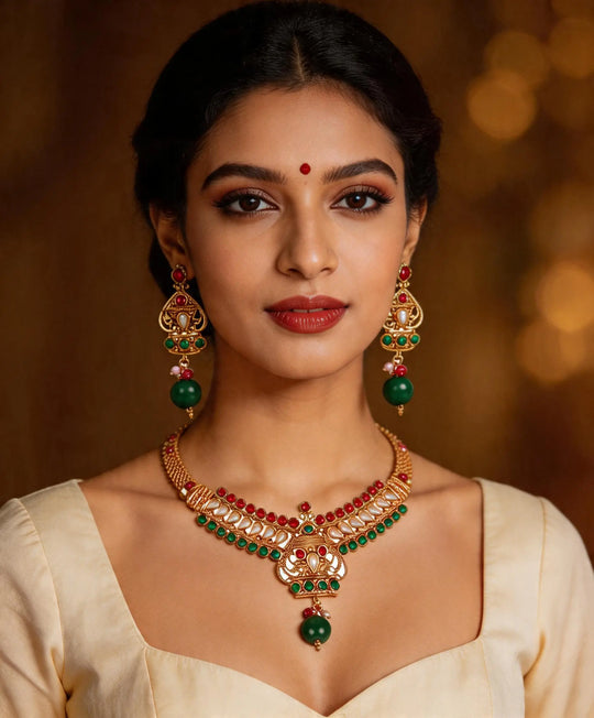 Polki and Cut Glass Ruby Emerald Pearl Necklace Set