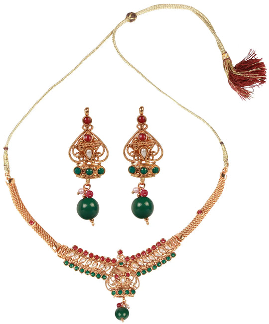 Polki and Cut Glass Ruby Emerald Pearl Necklace Set