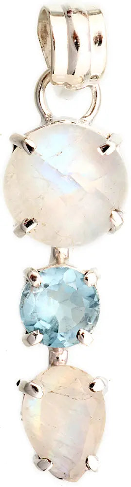 Twin Rainbow Moonstone and Blue Topaz Sterling Silver Pendant