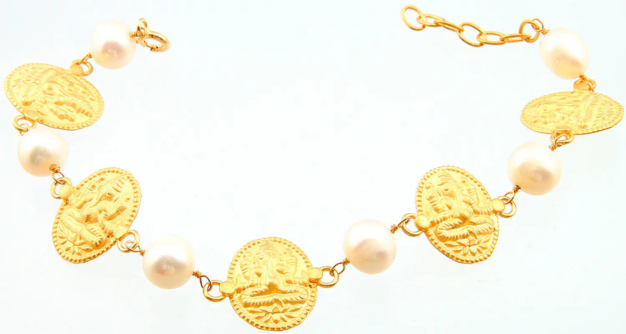 Lord Ganesha Pearl and Sterling Silver Gold Plated Bracelet