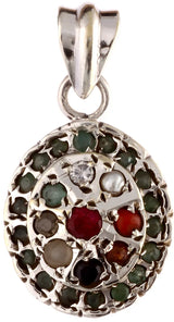 Navaratna and Emerald Border Sterling Silver Pendant