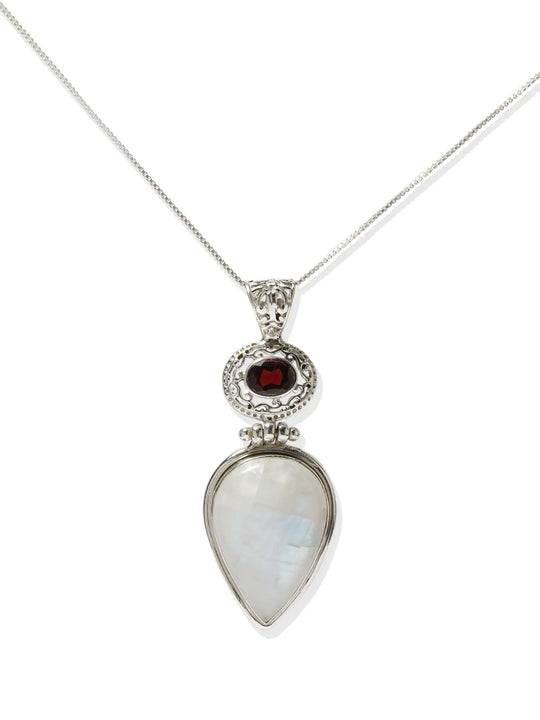 Faceted Rainbow Moonstone and Garnet Sterling Silver Pendant