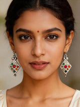 Navaratna Kite Shape Sterling Silver Dangle Earrings
