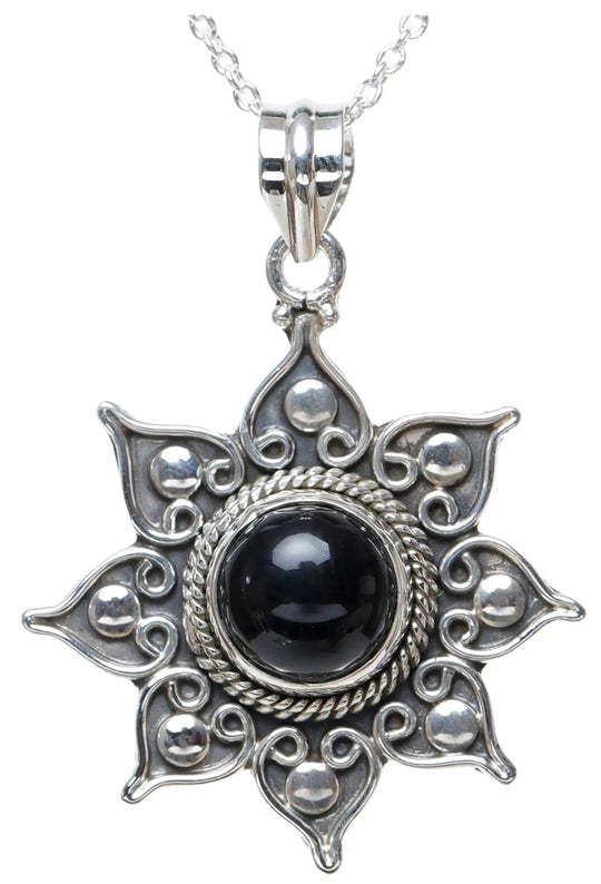 Black Onyx Sun Motif Sterling Silver Pendant