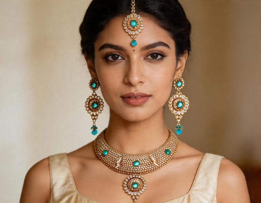 Cut Glass Polki Necklace Set with Maang Tikka