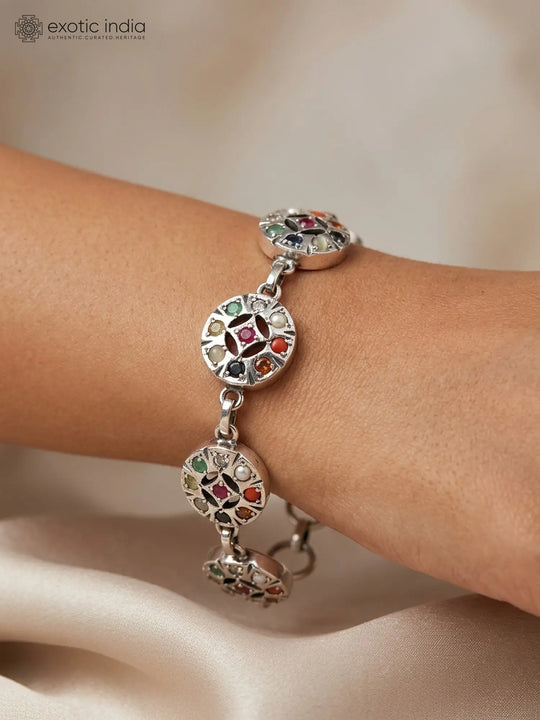 Navaratna Nine Gem Sterling Silver Bracelet