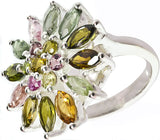 Faceted Multicolour Tourmaline Flower Sterling Silver Ring