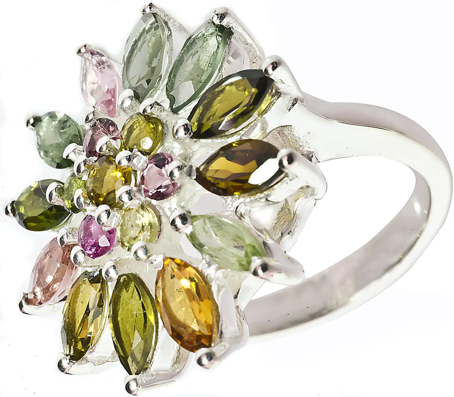 Faceted Multicolour Tourmaline Flower Sterling Silver Ring