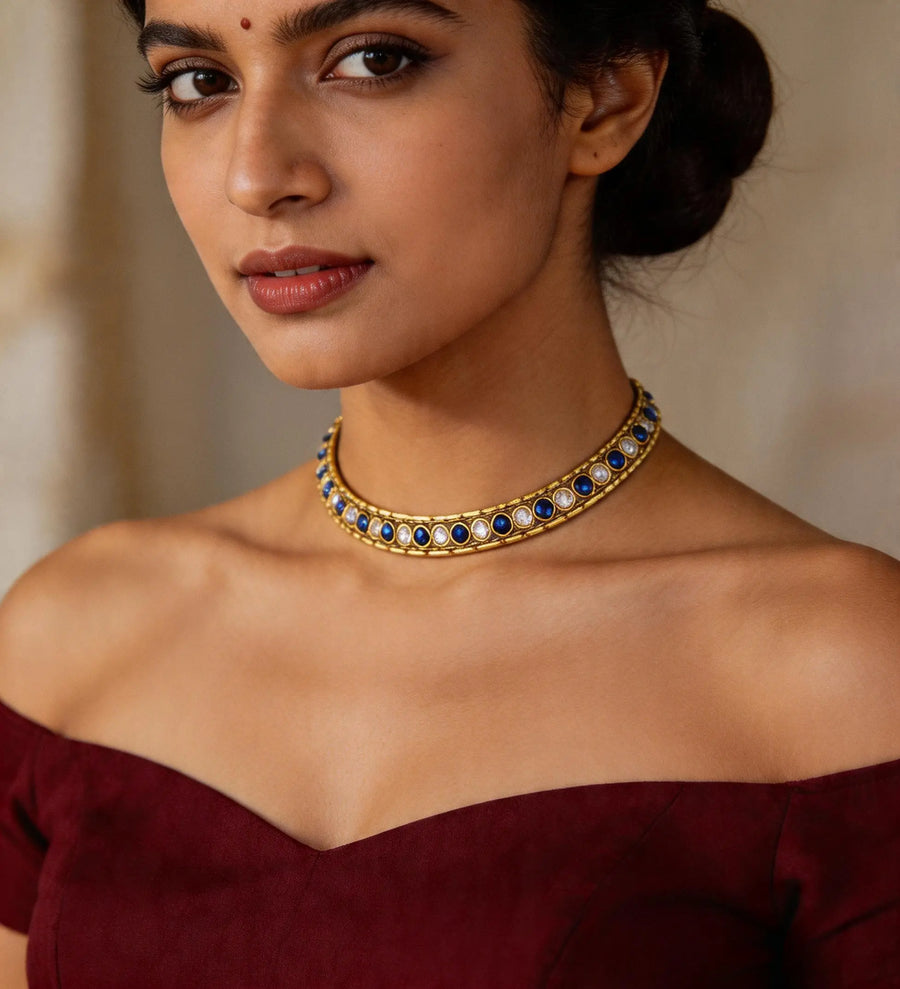 Polki and Cut Glass Blue Copper Alloy Choker Necklace