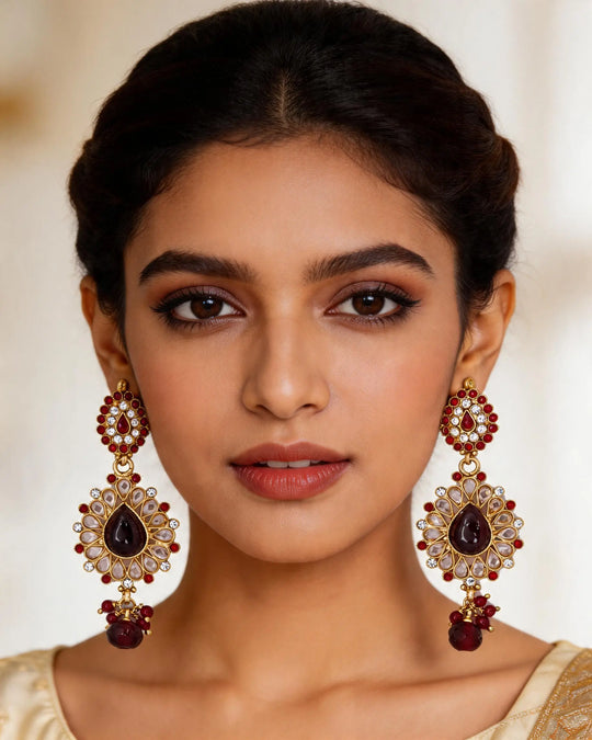 Garnet Red Cut Glass Polki Copper Alloy Earrings