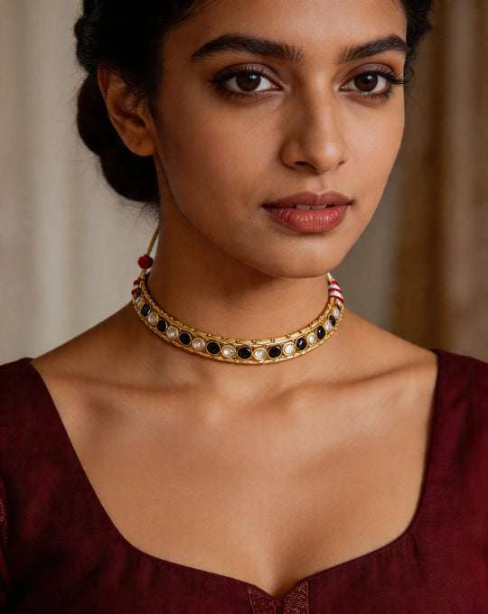 Polki and Cut Glass Copper Alloy Black Choker Necklace
