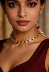 Faux Ruby and Cut Glass Copper Alloy Choker Necklace