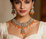 Kundan Necklace Set with Orange Beads in Copper Alloy