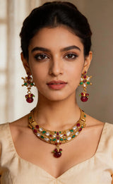 Ruby and Emerald Cut Glass Copper Alloy Necklace Set
