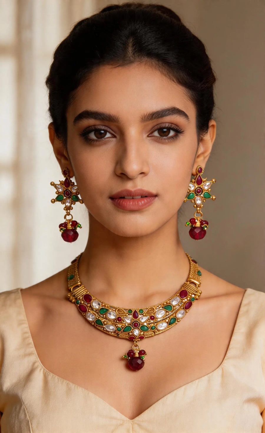 Ruby and Emerald Cut Glass Copper Alloy Necklace Set
