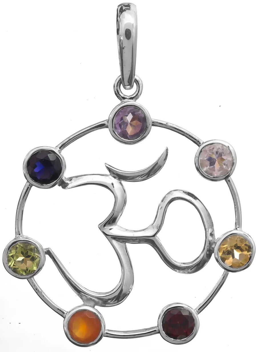 Om Sterling Silver Pendant with Faceted Gemstones