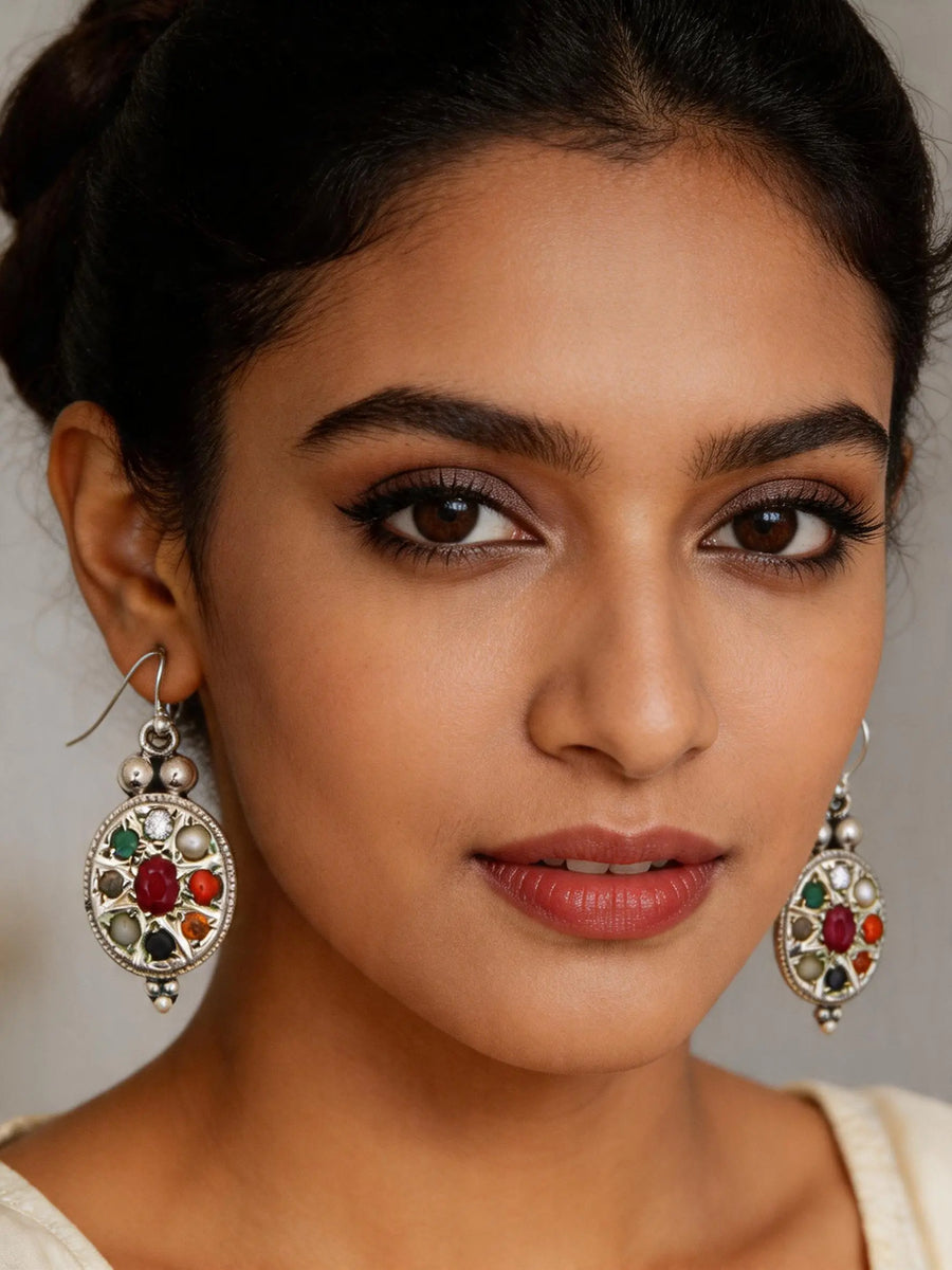 Navaratna Sterling Silver Oval Dangle Earrings