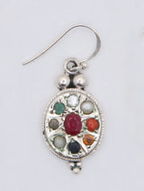 Navaratna Sterling Silver Oval Dangle Earrings