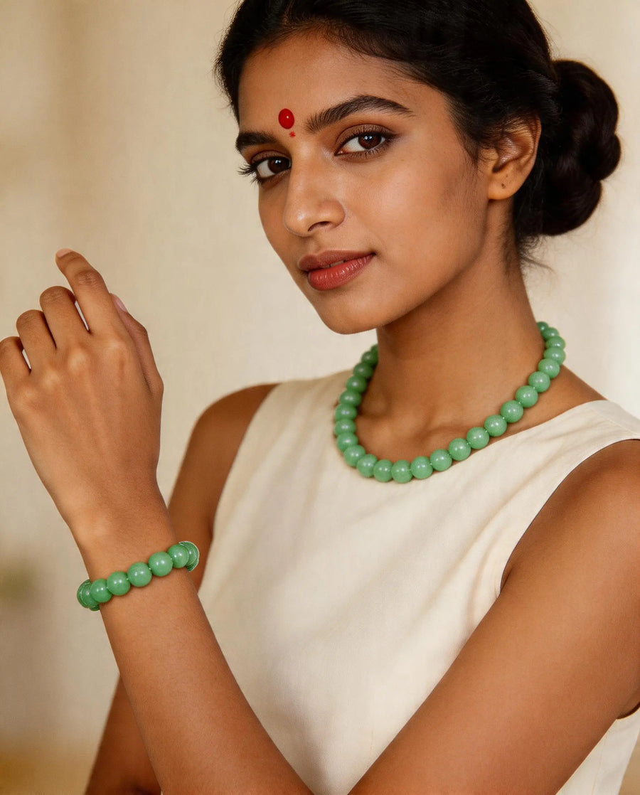 Pale Green Stone Necklace and Stretch Bracelet Set