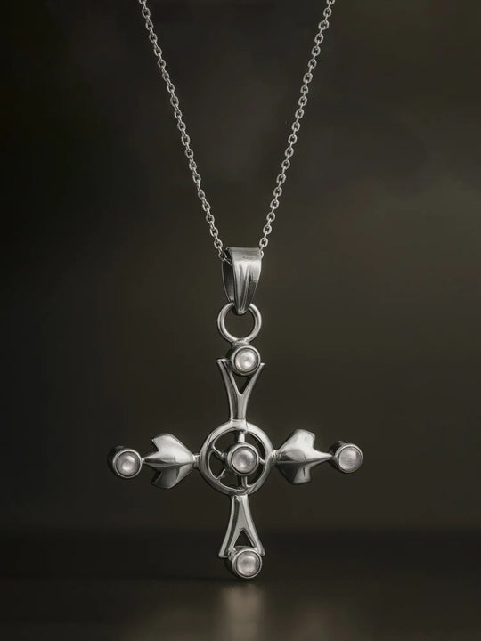 Rainbow Moonstone Cross Sterling Silver Pendant