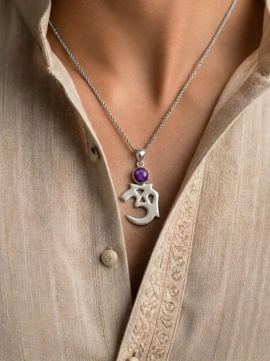 Om Sterling Silver Pendant with Faceted Gemstone
