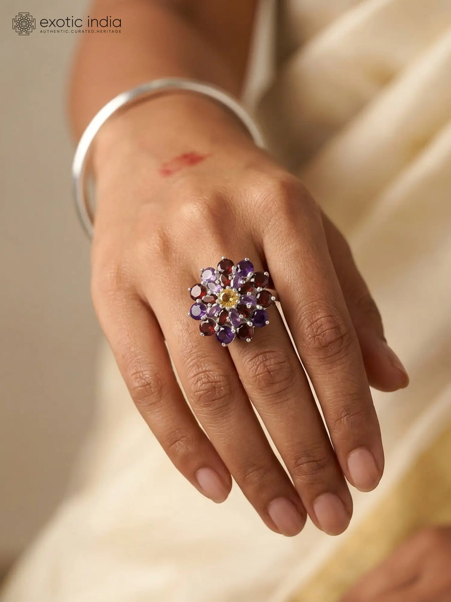 Amethyst Garnet and Citrine Flower Sterling Silver Ring