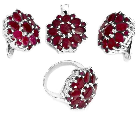 Faceted Ruby Sterling Silver Pendant Earrings and Ring Set