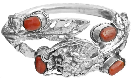 Coral and Dragon Motif Sterling Silver Bracelet