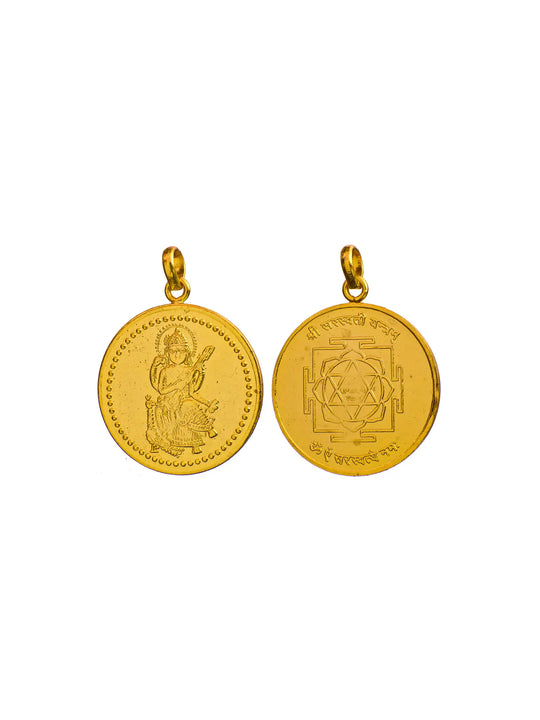 Goddess Saraswati and Yantra Reversible Copper Pendant