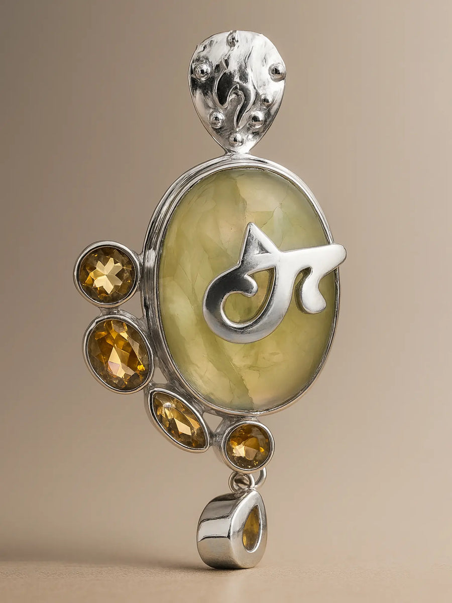 Prehnite and Faceted Citrine Sterling Silver Pendant