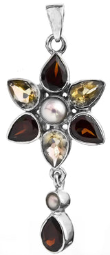 Garnet, Citrine and Pearl Flower Sterling Silver Pendant