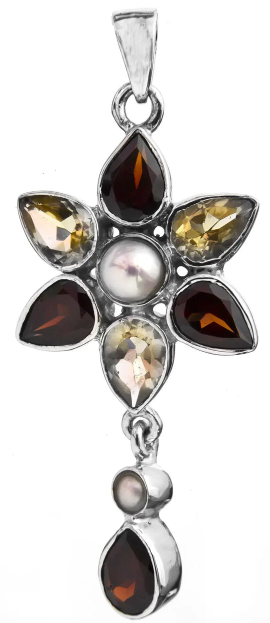 Garnet, Citrine and Pearl Flower Sterling Silver Pendant