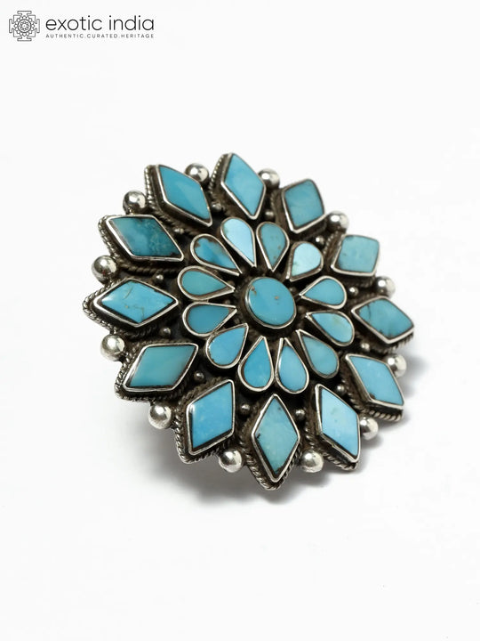Persian Turquoise Flower Adjustable Sterling Silver Ring