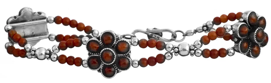 Coral and Floral Sterling Silver Two Strand Bracelet