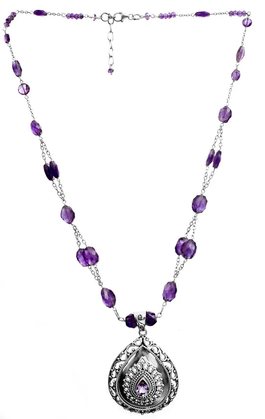 Faceted Amethyst Teardrop Sterling Silver Pendant Necklace