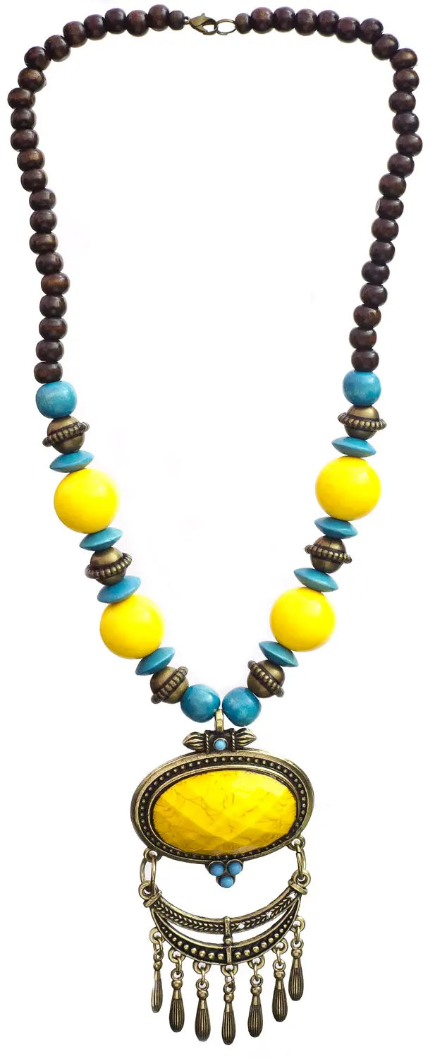 Handcrafted Yellow Wood Beaded Necklace
