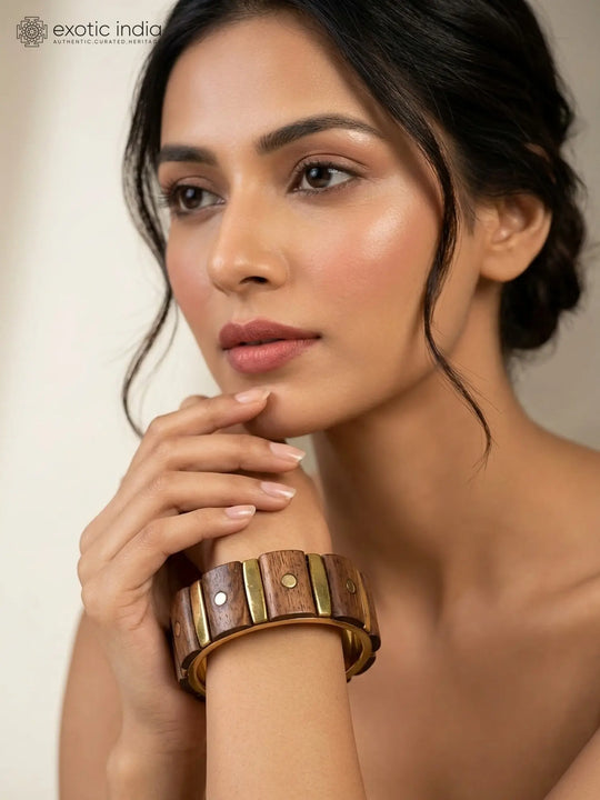 Wood and Brass Cuff Bracelet with Carved Motifs