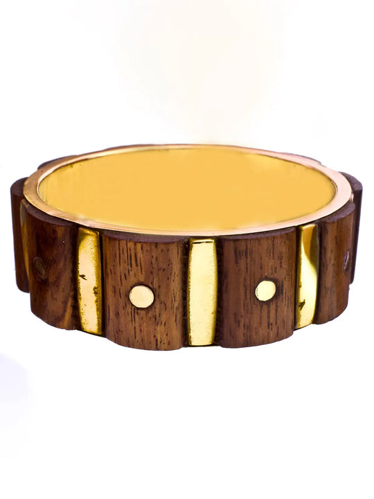 Wood and Brass Cuff Bracelet with Carved Motifs