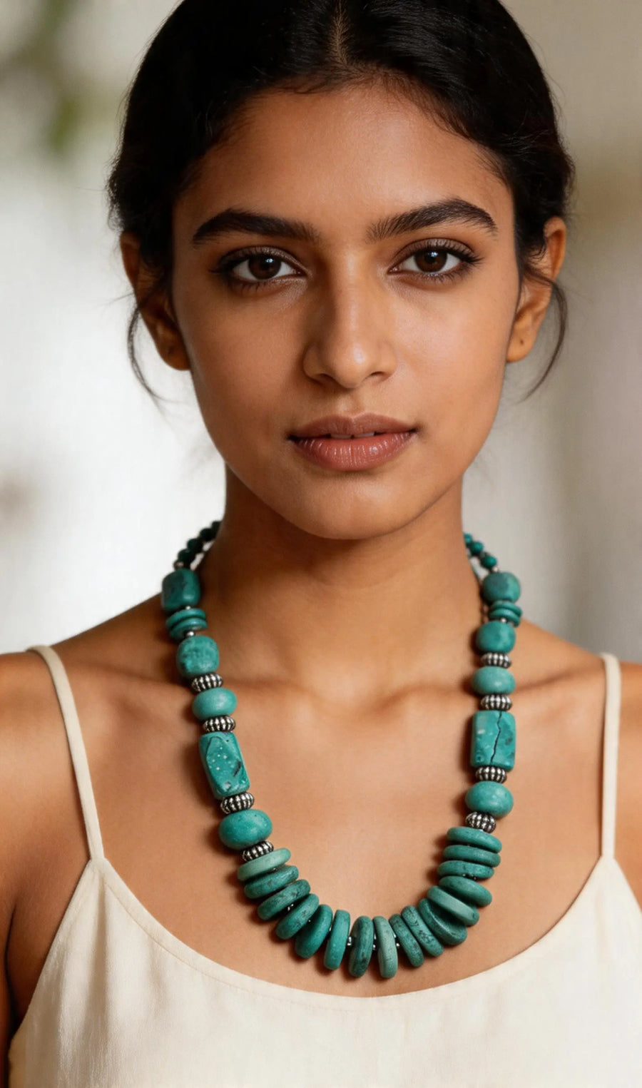Aqua Green Resin and White Metal Beaded Necklace
