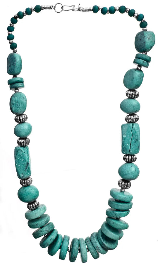 Aqua Green Resin and White Metal Beaded Necklace