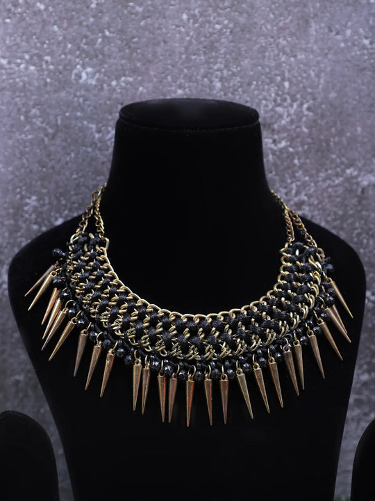 Spiked Brass Necklace in Black Blue and Green Enamel
