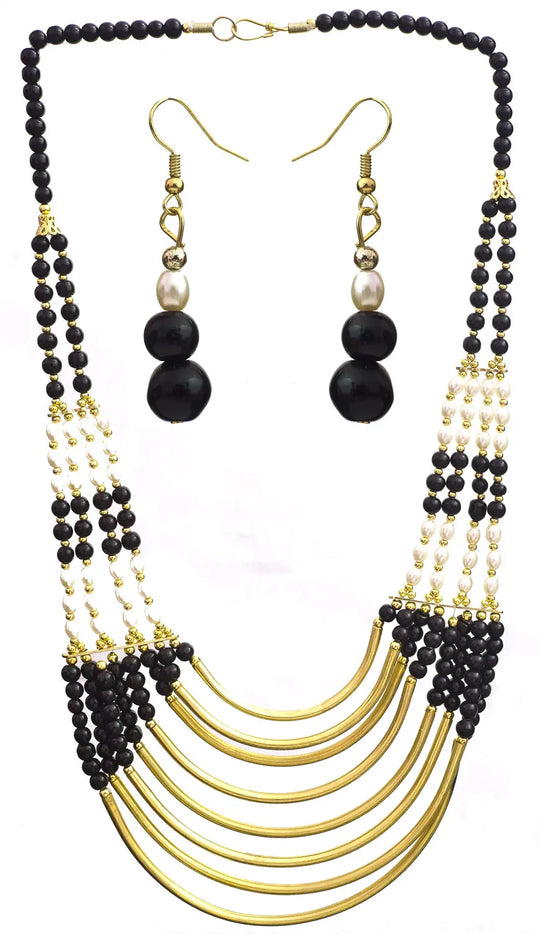 Black Glass Bead Eight Strand Necklace and Earrings Set