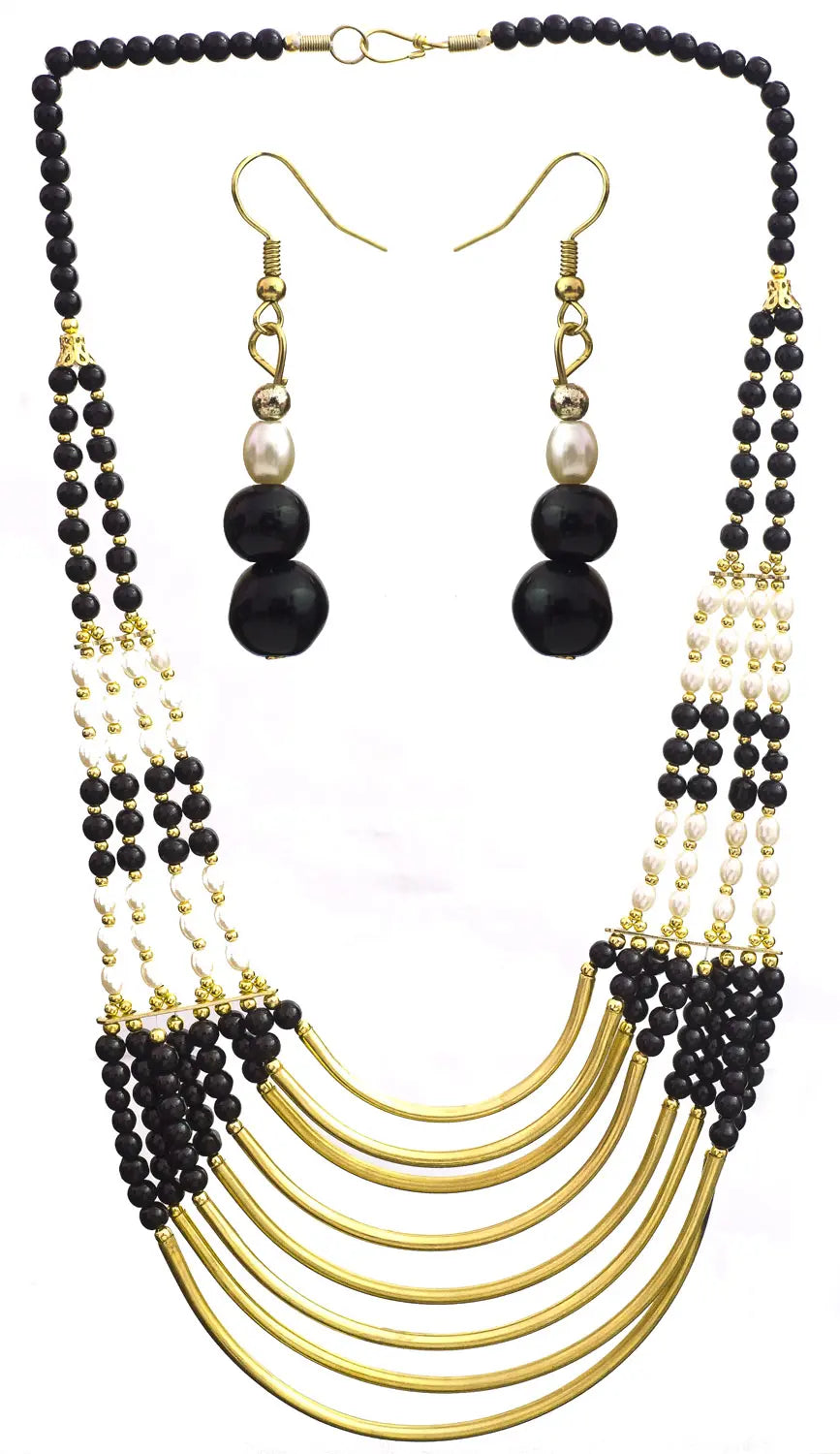 Black Glass Bead Eight Strand Necklace and Earrings Set