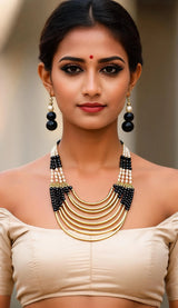 Black Glass Bead Eight Strand Necklace and Earrings Set